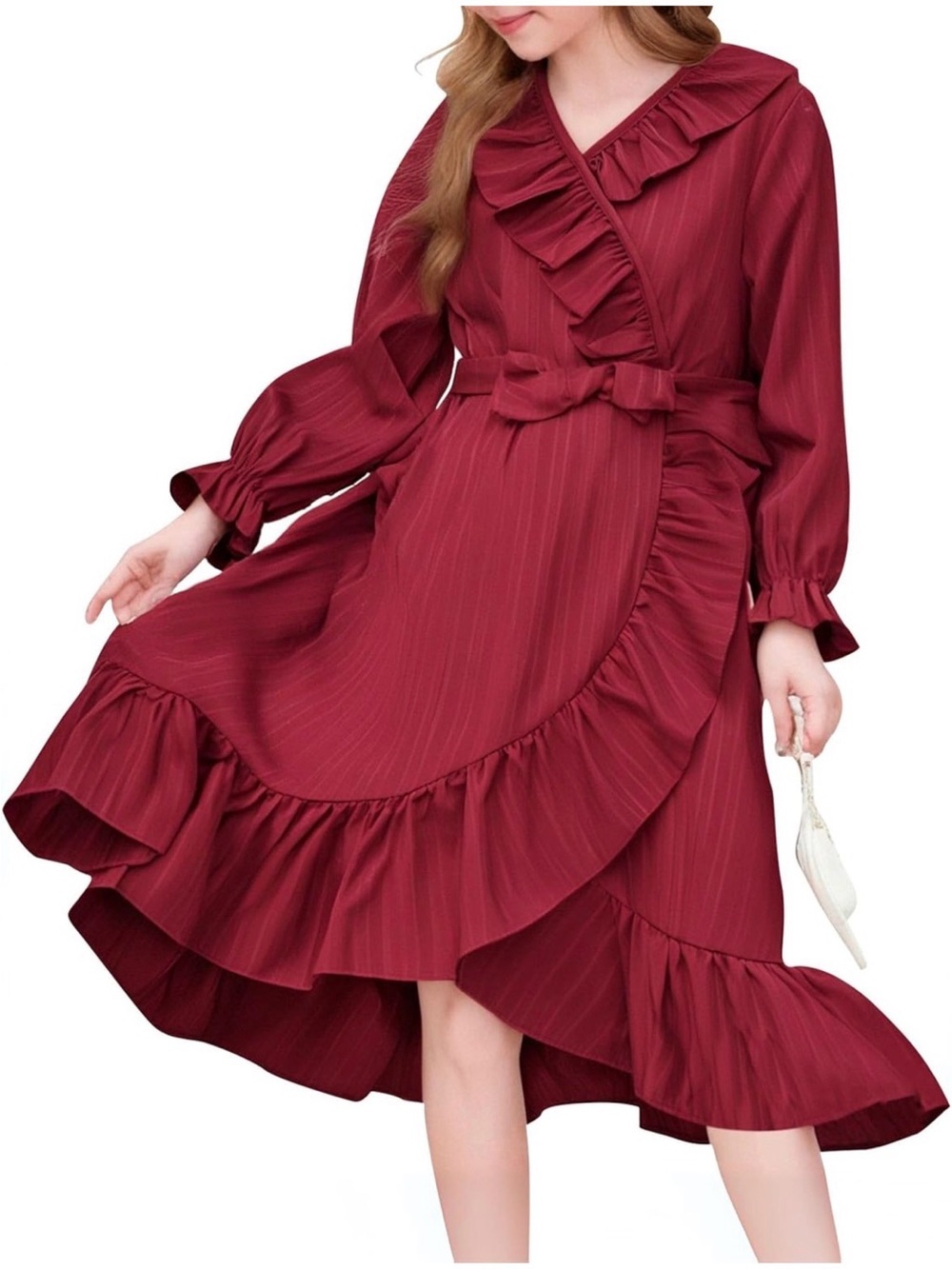 Elegant Ruffle Wrap Midi Dress in Burgundy